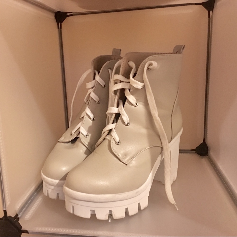 Lace up chunky beige heels